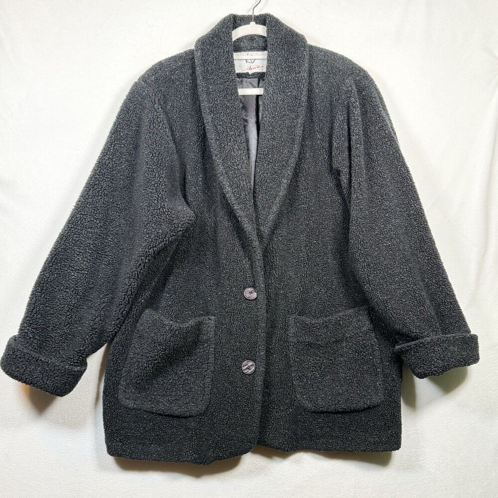 Kristen Blake Teddy Bear Jacket Womens L Black Plush Sherpa Coat Cozy Button